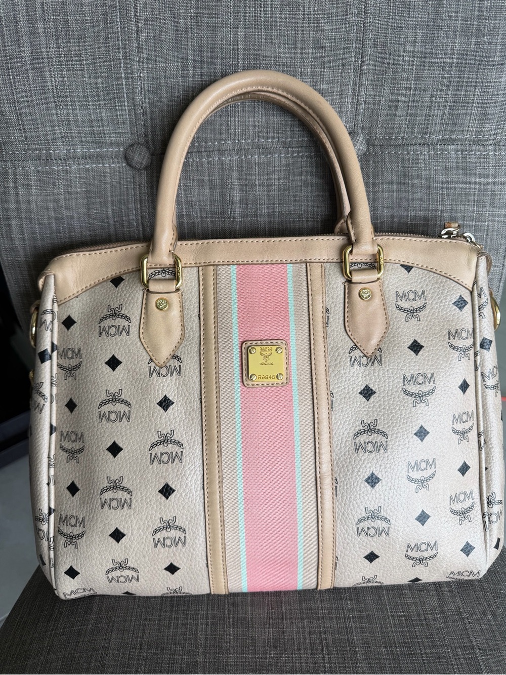 MCM Beige Satchel with Pink and Mint Center Stripe